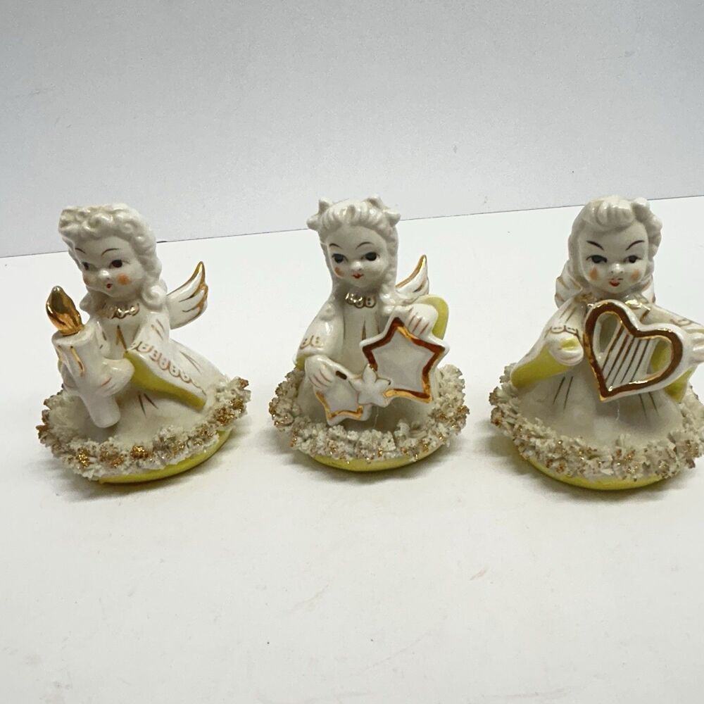 Blume Japan Spaghetti Trim Angel Figurines Set of 3 Christmas Mid Century